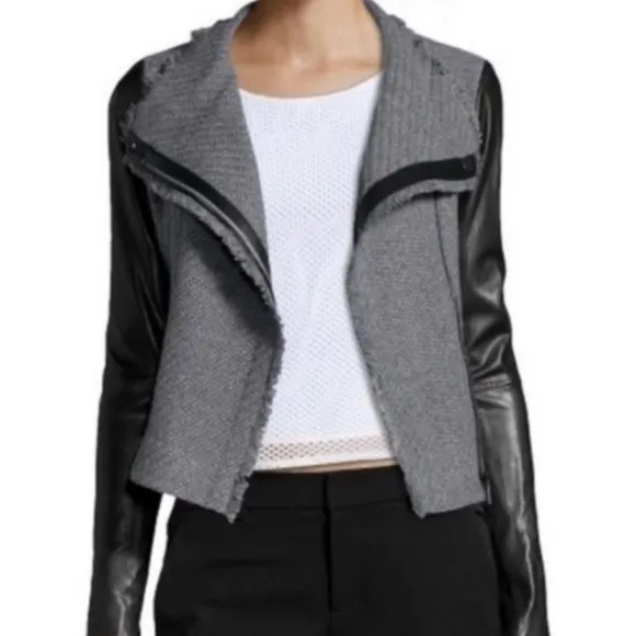 VINCE Lamb Leather Sleeves Asymmetric Wool Blend Jacket