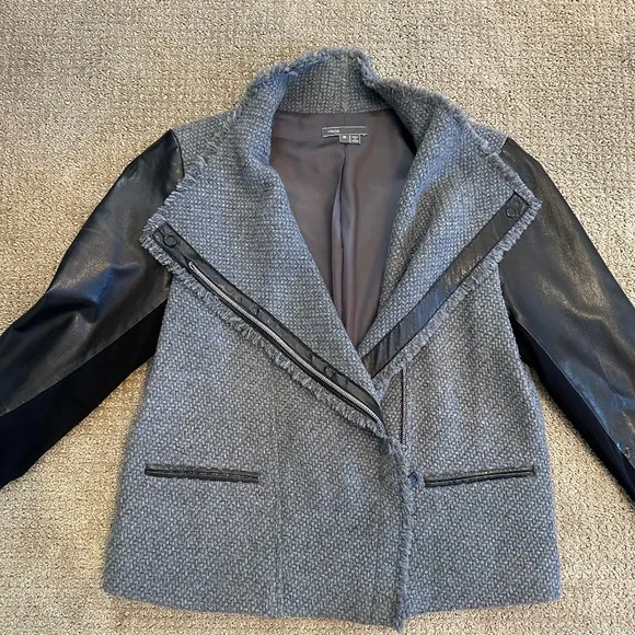 VINCE Lamb Leather Sleeves Asymmetric Wool Blend Jacket