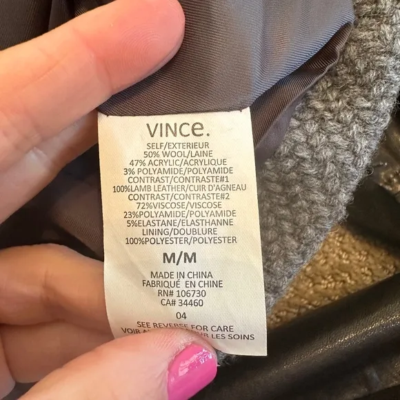 VINCE Lamb Leather Sleeves Asymmetric Wool Blend Jacket
