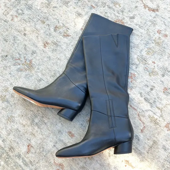 Vince NWT Black Leather Low Heel Square Toe Boots Sz 5