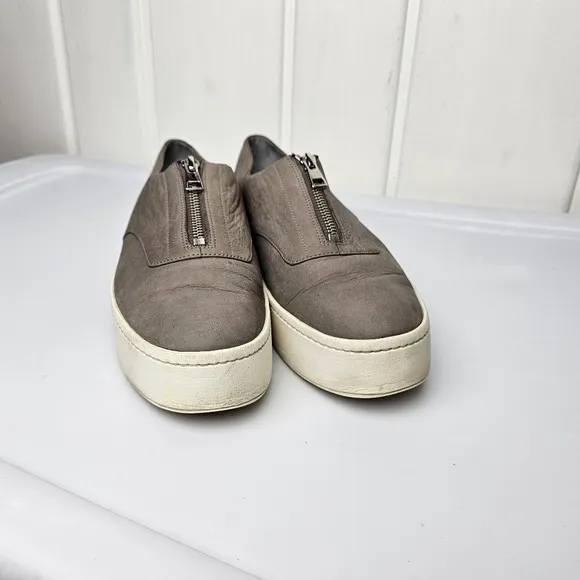 Vince Warner Gray Zip Front Nubuck Leather Platform Slip On Sneakers Women's 9.5
