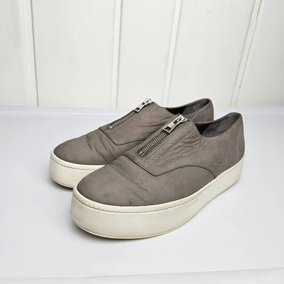 Vince Warner Gray Zip Front Nubuck Leather Platform Slip On Sneakers Women's 9.5