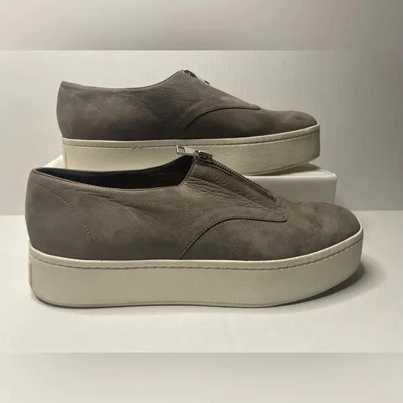 Vince Womens Warner Leather Suede Platform Zip-Up Sneakers Limestone Gray size 9