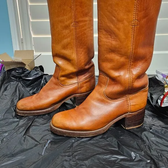 Vintage 1970s Frye Black Label Leather Square Toe Boots Size 9.5 D tan