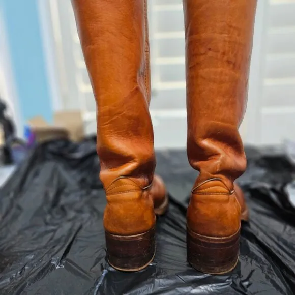 Vintage 1970s Frye Black Label Leather Square Toe Boots Size 9.5 D tan
