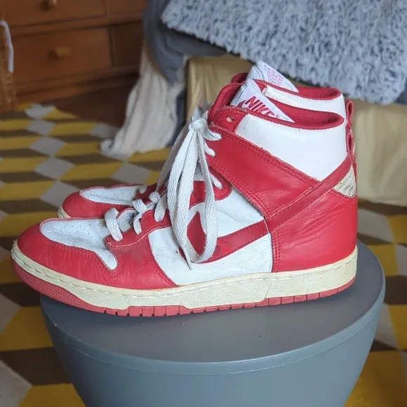 Vintage 1990's Nike  Red and White University High-Top Sneakers. Mens Size 9.