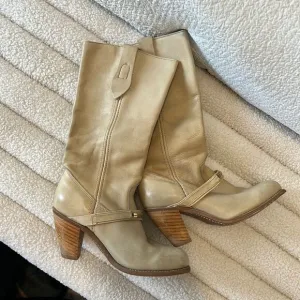Vintage 70s cowboy boots genuine leather Western / Braided  Mid Calf Tan