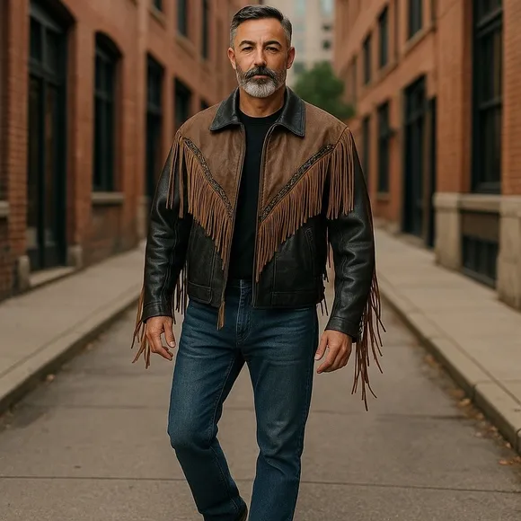 Vintage Cowboy Western Fringe Leather Jacket Mens Small (36 - 38)