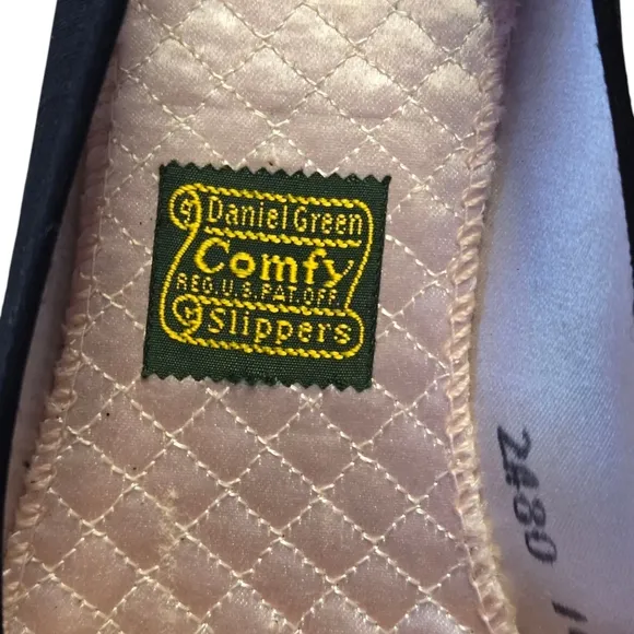 Vintage Daniel Green Black Fabric Slippers W/Bow Size 9 Made In USA