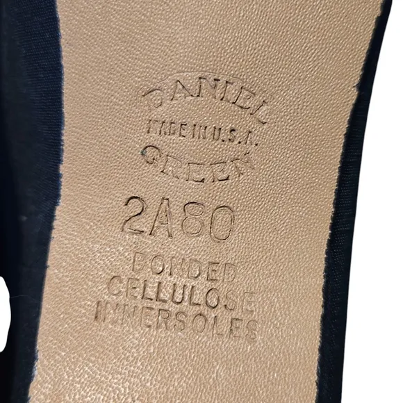 Vintage Daniel Green Black Fabric Slippers W/Bow Size 9 Made In USA