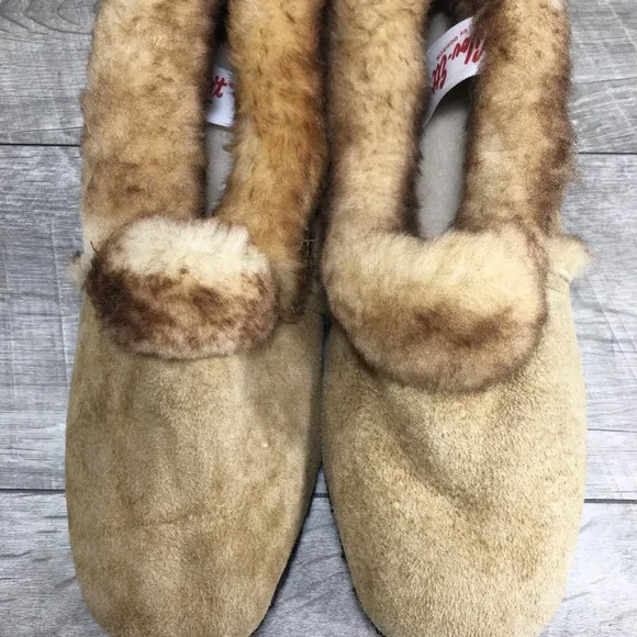Vintage Dodson Womens Brown Leather Shearling Lined Winter Shoes Slippers Size 7