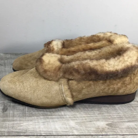 Vintage Dodson Womens Brown Leather Shearling Lined Winter Shoes Slippers Size 7
