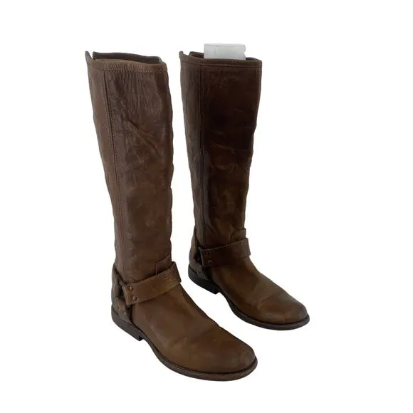 Vintage Frye Women's Brown Leather Tall Harness Riding Boots, Size 7B, Preowned