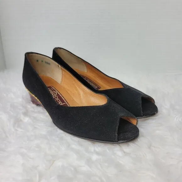 Vintage Jack Rogers Women’s Shoes Heels Wedge Wood Grain Peekaboo Black Slip On