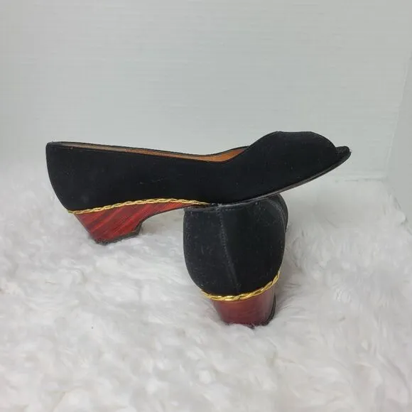 Vintage Jack Rogers Women’s Shoes Heels Wedge Wood Grain Peekaboo Black Slip On