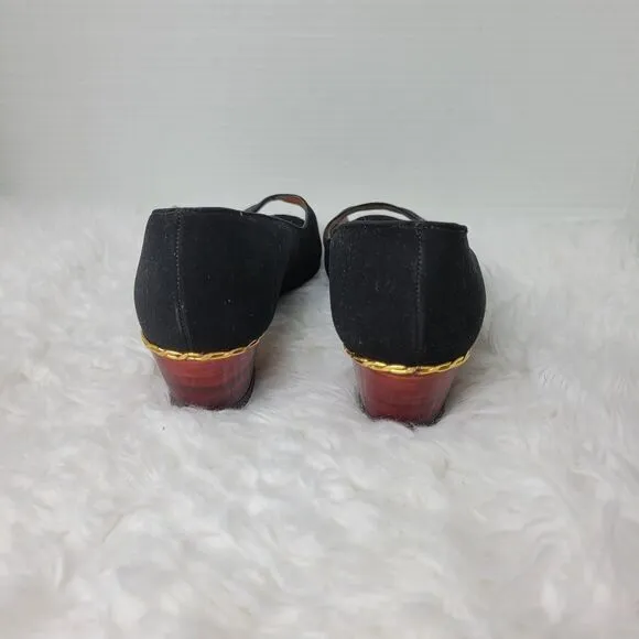 Vintage Jack Rogers Women’s Shoes Heels Wedge Wood Grain Peekaboo Black Slip On