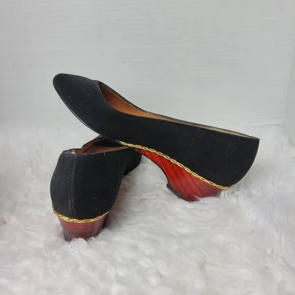 Vintage Jack Rogers Women’s Shoes Heels Wedge Wood Grain Peekaboo Black Slip On