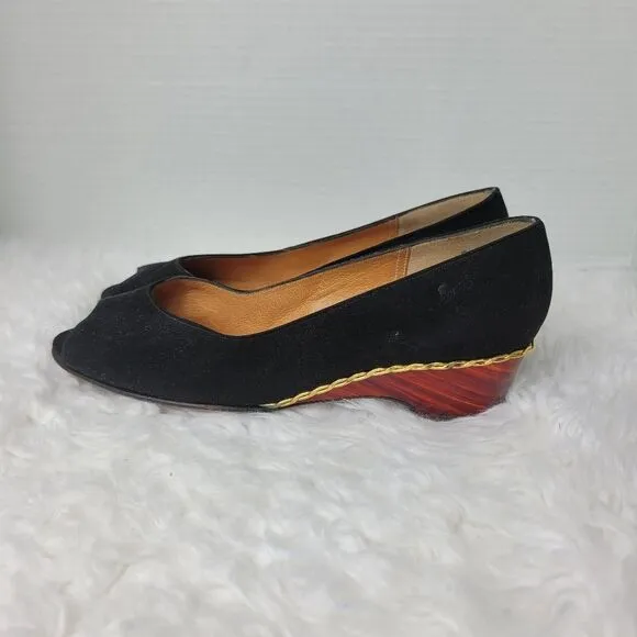 Vintage Jack Rogers Women’s Shoes Heels Wedge Wood Grain Peekaboo Black Slip On