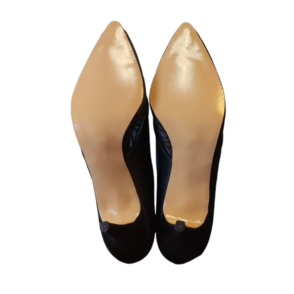 Vintage Jacques Levine Bette Black Satin Mesh Pump Party Heels Size 8N