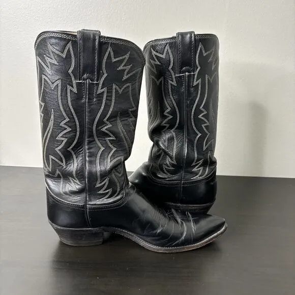 Vintage Justin Black Leather Cowboy Boots Pointed Toe Style 2005 Size 9B USA
