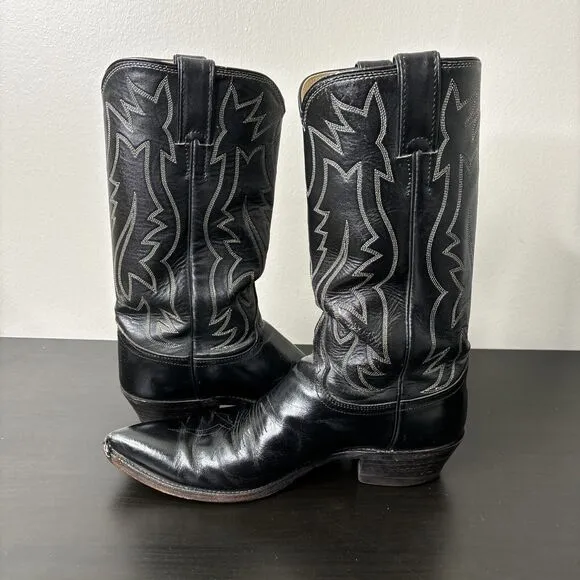 Vintage Justin Black Leather Cowboy Boots Pointed Toe Style 2005 Size 9B USA