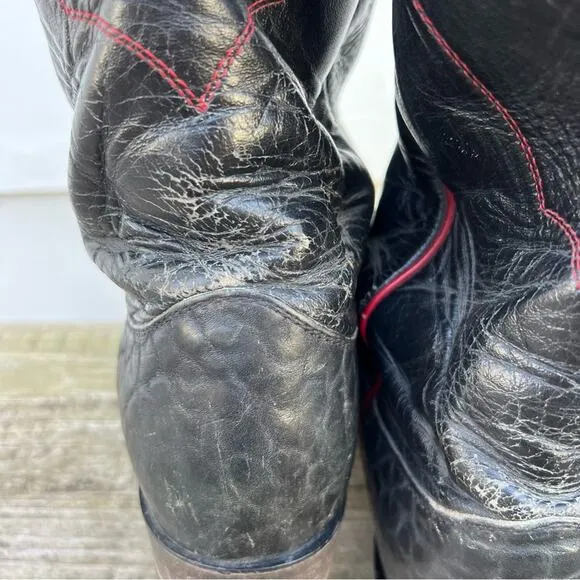 Vintage Justin Boots Black Red Roper Toe Riding Cowboy 10D Style 3285