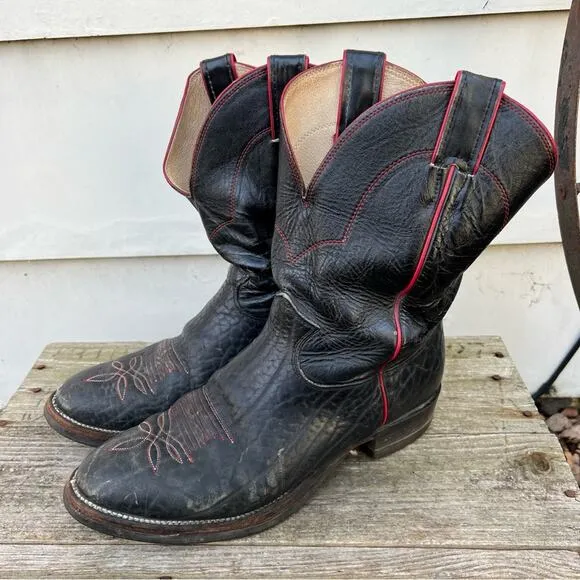 Vintage Justin Boots Black Red Roper Toe Riding Cowboy 10D Style 3285