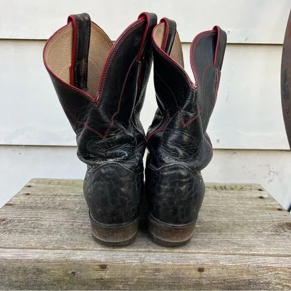 Vintage Justin Boots Black Red Roper Toe Riding Cowboy 10D Style 3285