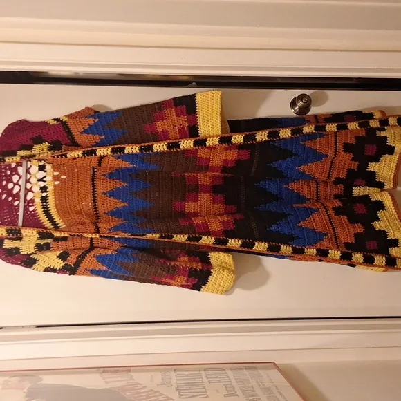VINTAGE SOUTHWEST CROCHET KNITTED LONG DUSTER SWEATER JACKET med large