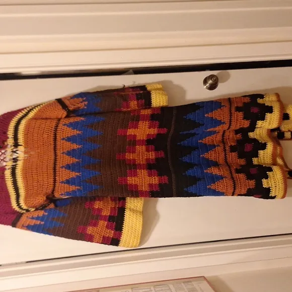 VINTAGE SOUTHWEST CROCHET KNITTED LONG DUSTER SWEATER JACKET med large
