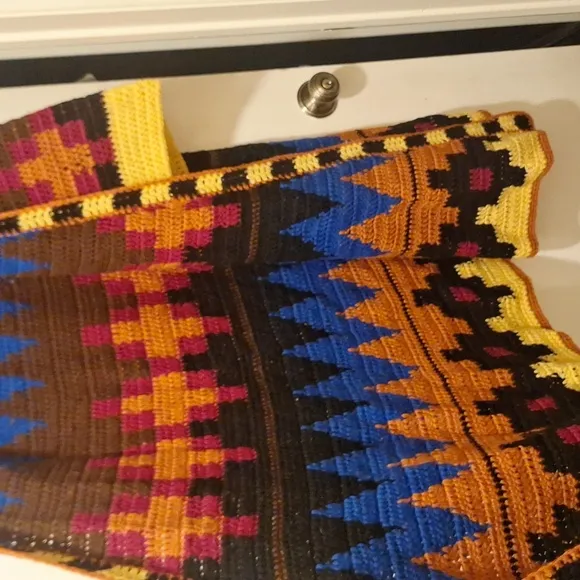 VINTAGE SOUTHWEST CROCHET KNITTED LONG DUSTER SWEATER JACKET med large