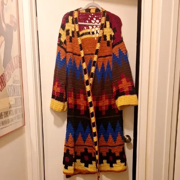 VINTAGE SOUTHWEST CROCHET KNITTED LONG DUSTER SWEATER JACKET med large