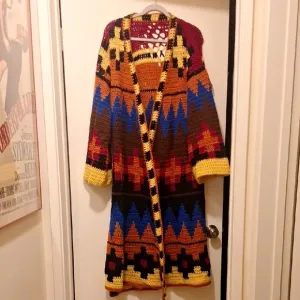 VINTAGE SOUTHWEST CROCHET KNITTED LONG DUSTER SWEATER JACKET med large