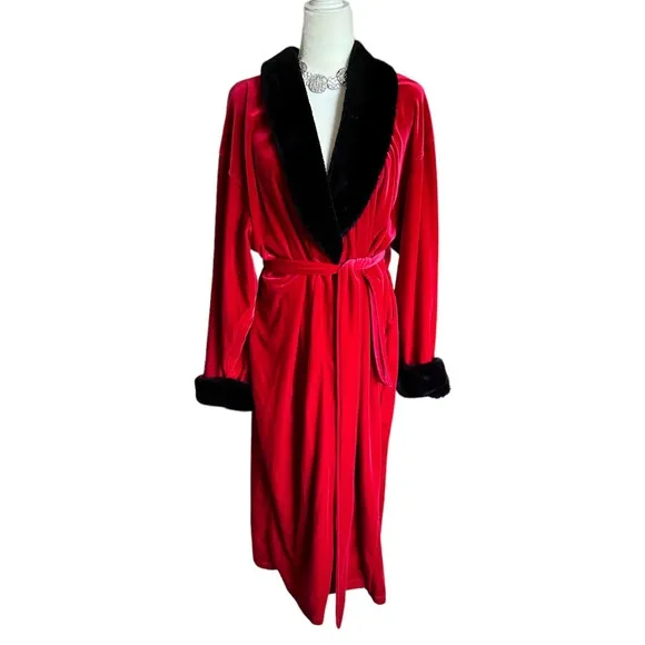 Vintage Valery Stevens Red Black Faux Fur Plush Robe, Y2K, Deadstock, size Large