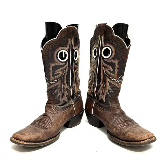 Vintage Y2K mens brown leather cutout square toe western cowboy boots