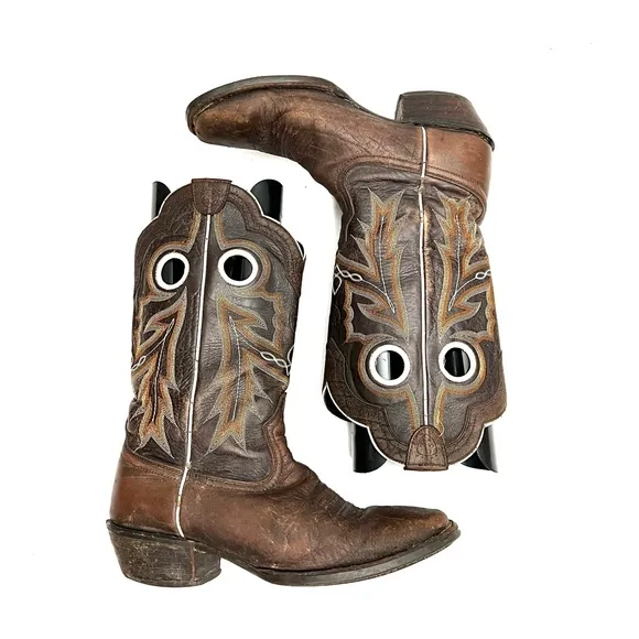 Vintage Y2K mens brown leather cutout square toe western cowboy boots