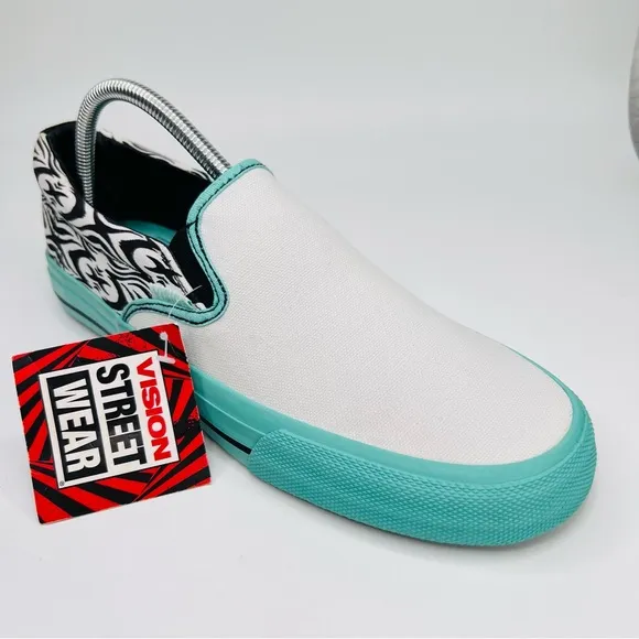 Vision Street Ware Aztec White Teal Black Canvas Skateboard Slip On Sneakers