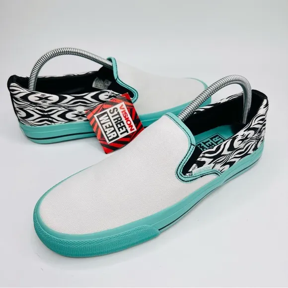Vision Street Ware Aztec White Teal Black Canvas Skateboard Slip On Sneakers