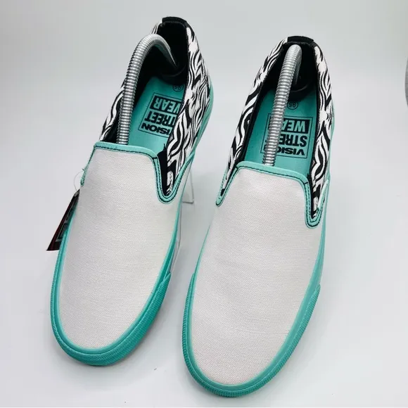 Vision Street Ware Aztec White Teal Black Canvas Skateboard Slip On Sneakers
