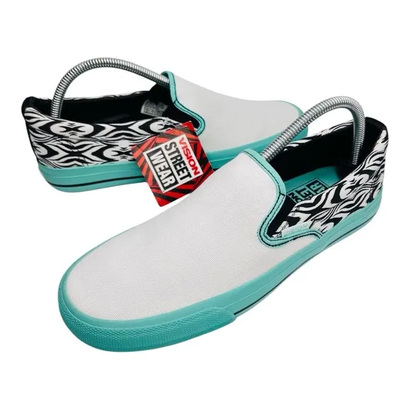 Vision Street Ware Aztec White Teal Black Canvas Skateboard Slip On Sneakers