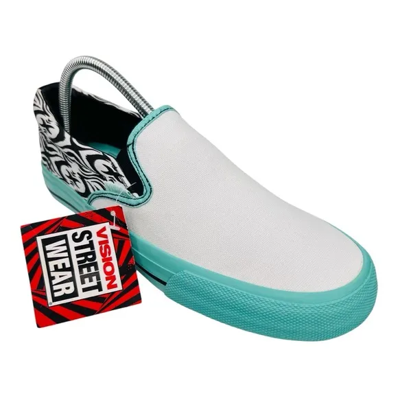 Vision Street Ware Aztec White Teal Black Canvas Skateboard Slip On Sneakers