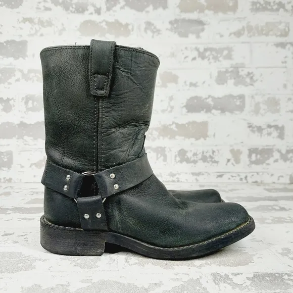 VTG Durango Black Leather Pull On Harness Moto Biker Boots C353