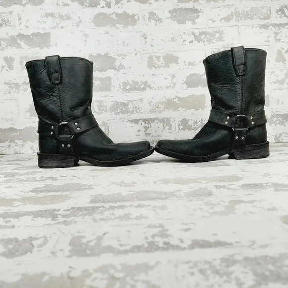 VTG Durango Black Leather Pull On Harness Moto Biker Boots C353