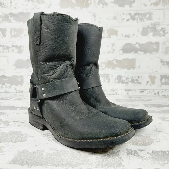VTG Durango Black Leather Pull On Harness Moto Biker Boots C353