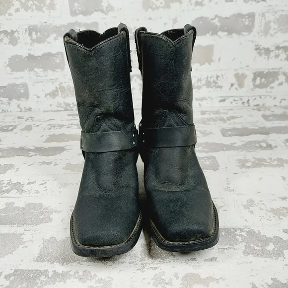VTG Durango Black Leather Pull On Harness Moto Biker Boots C353