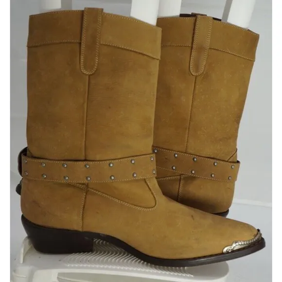 VTG Men's &quot;Martin Drake&quot; Cowboy Boots Brazilian Tan Leather Silver toe SZ 9D