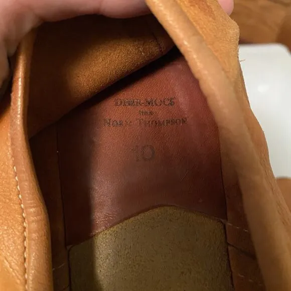 VTG Norm Thompson Women's Deer Mocs House Shoes 10 Tan Leather Slip On Barefoot
