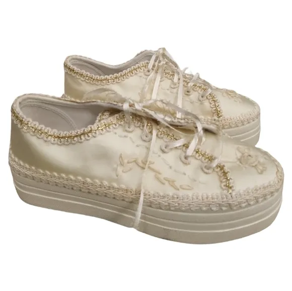 Wedding Platform Sneakers Flats In Lace Bridal Shoes - Size 8
