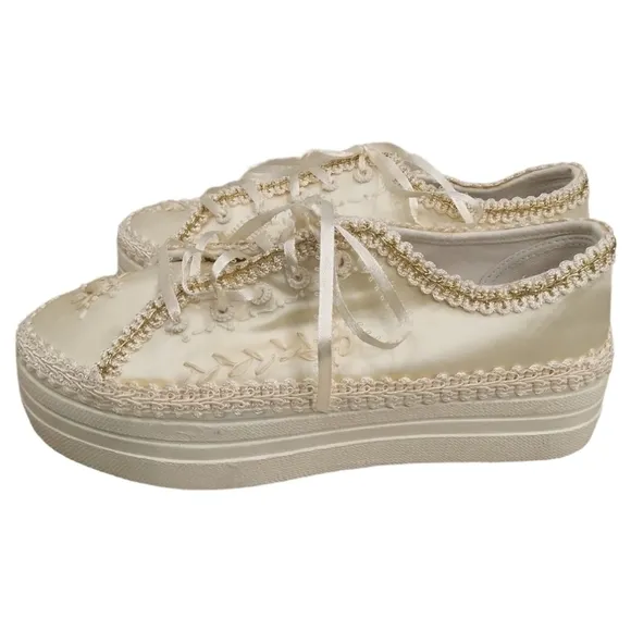 Wedding Platform Sneakers Flats In Lace Bridal Shoes - Size 8