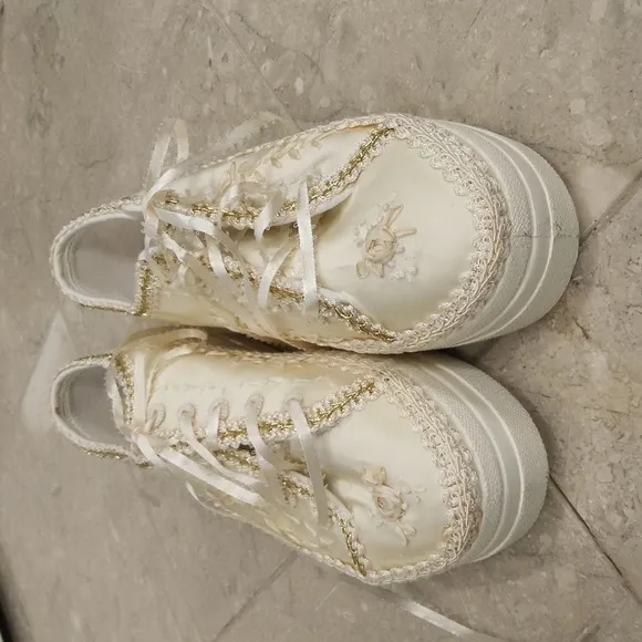 Wedding Platform Sneakers Flats In Lace Bridal Shoes - Size 8